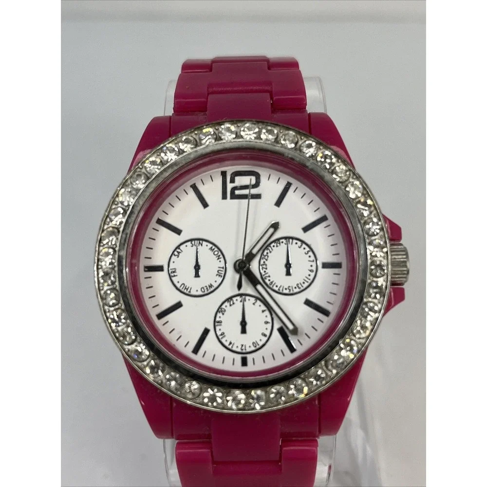 Women's Quartz Watch Pink Band Rhinestone Bezel 40mm- New‎ Battery